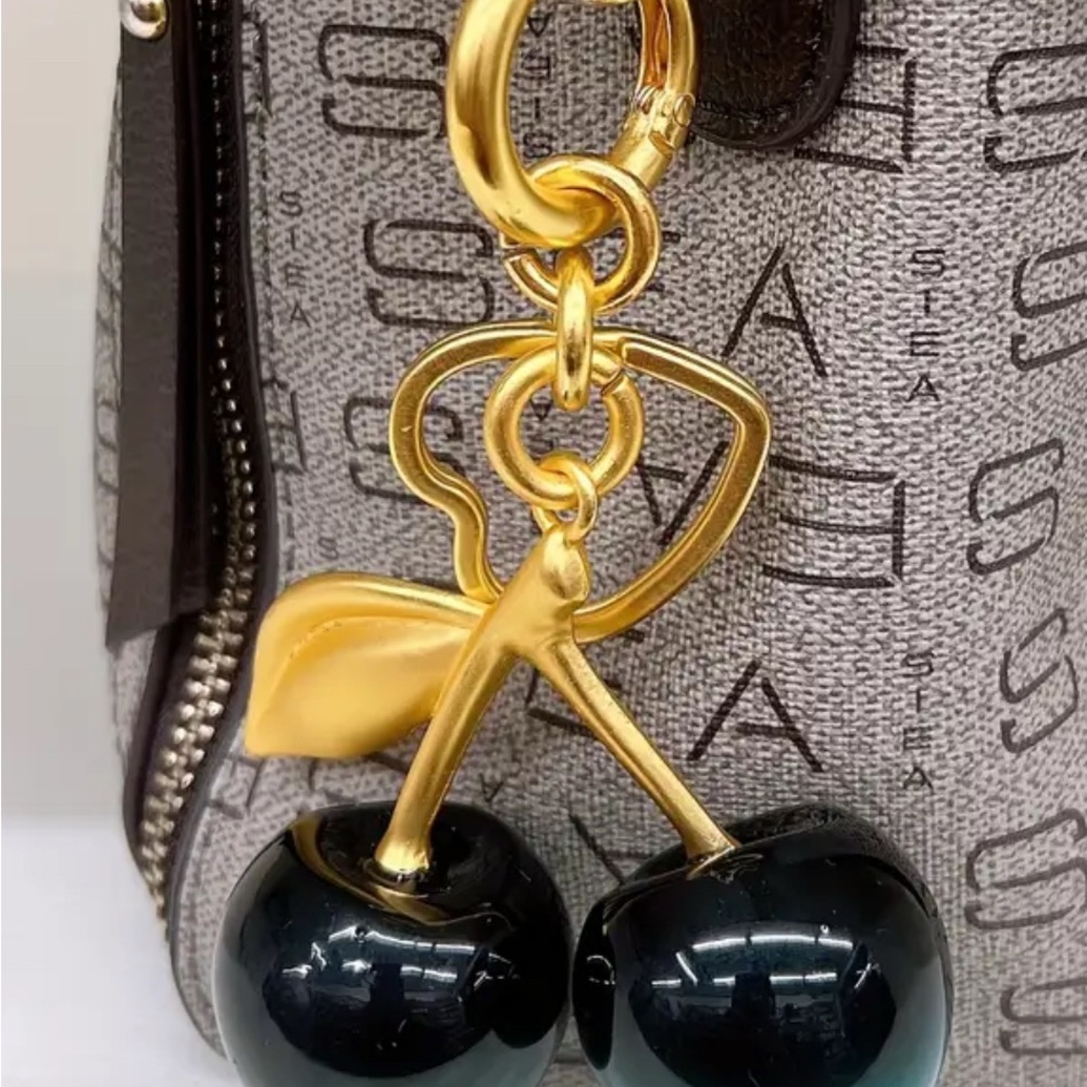Golden-Tone Cherry Blossom Purse Charm/Keychain Black & Teal Ombre - Picture 4 of 4